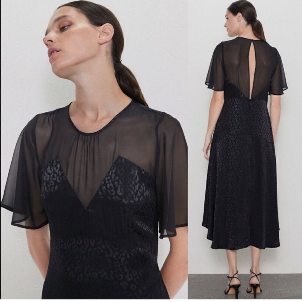 Zara Black Midi High/Low Cheetah print mesh top Dress size XS